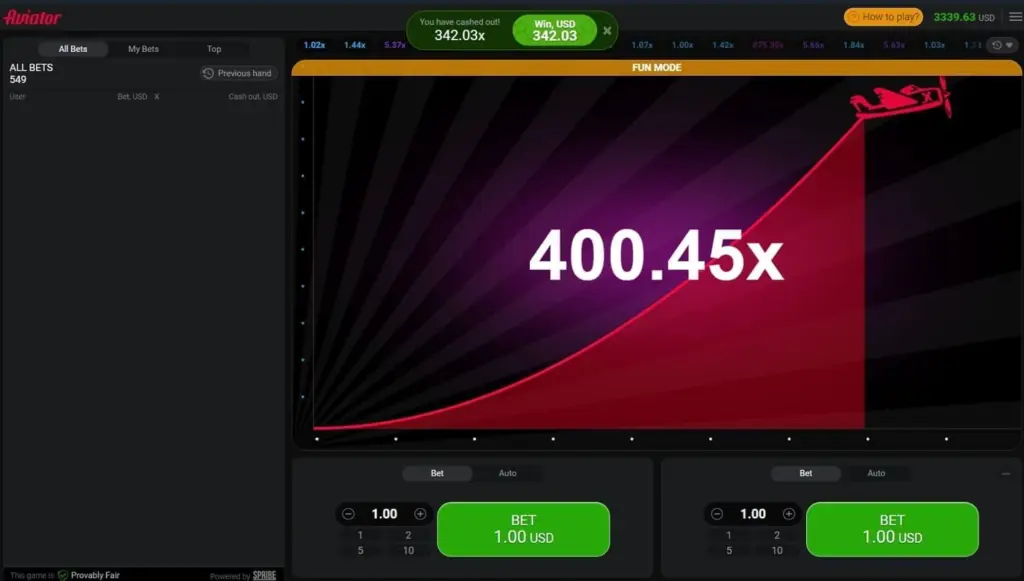 Aviator demo mode interface showing multiplier curve and practice betting controls