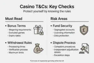 Casino terms checklist covering bonuses, withdrawals and player risk areas
