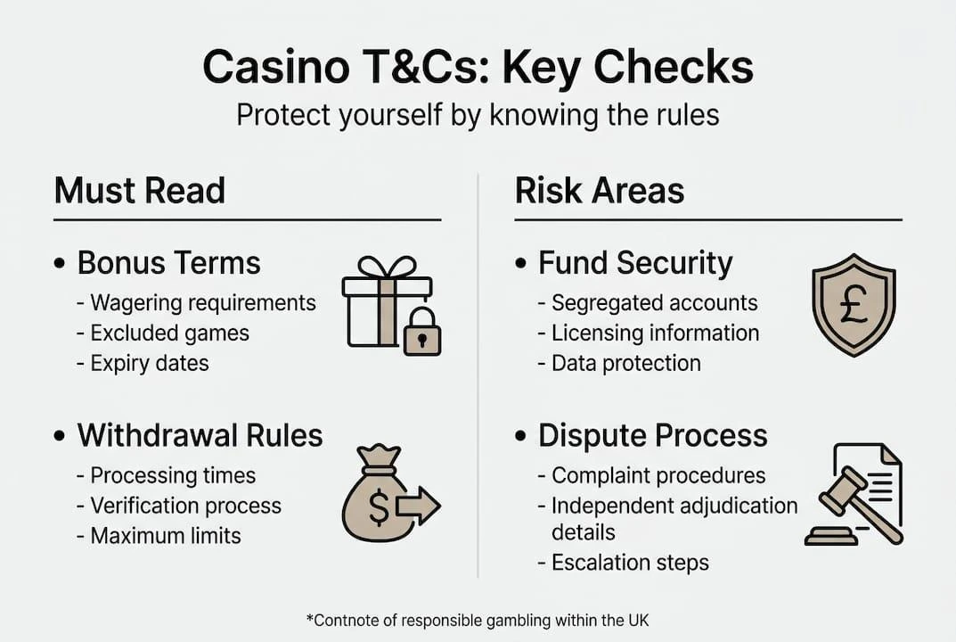 Casino terms checklist covering bonuses, withdrawals and player risk areas