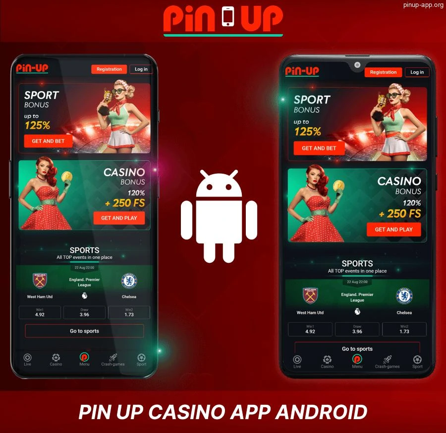 Pin Up Casino mobile app screens with casino, sportsbook and bonus sections