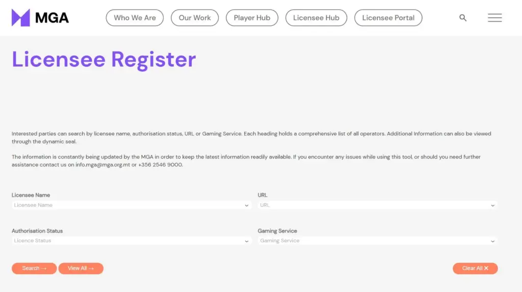 Malta Gaming Authority licensee register with searchable casino license fields