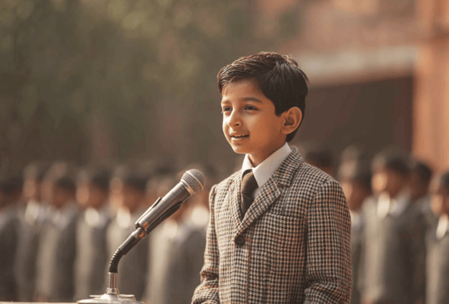Teacher addressing students during a school assembly as they reflect on the thought of the day together