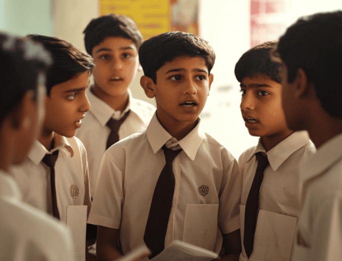 Indian student confidently presenting the thought of the day during a school assembly and developing leadership skills