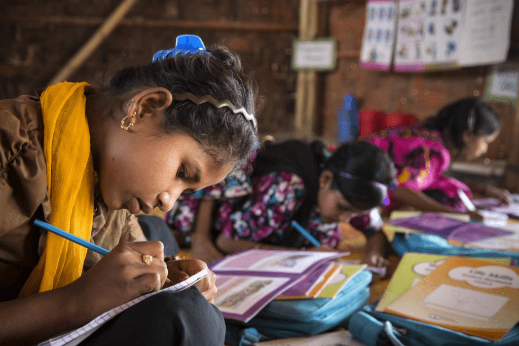 Girls studying, digital classrooms, and teacher training sessions in Indian government schools, addressing equity and access challenges through Samagra Shiksha.